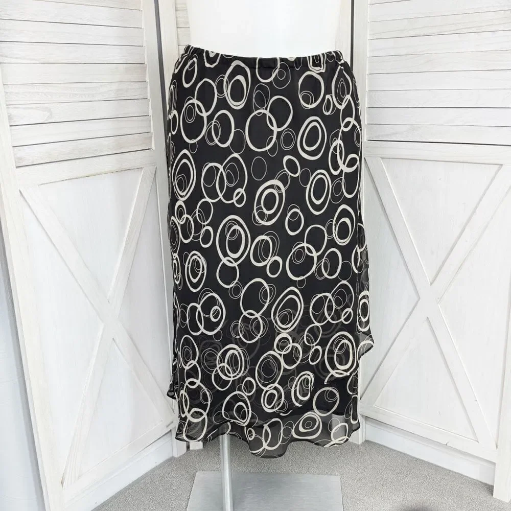 Karin Stevens Layered Chiffon Geometric Circle Print Midi‎ Skirt Black 16W